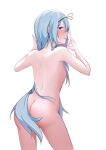  1girl ass back blue_hair blush bugegehaibugouse completely_nude copyright_request from_behind green_eyes hair_censor hair_ribbon hands_up krulcifer_einfolk legs_apart long_hair looking_at_viewer looking_back nude profile red_ribbon ribbon saijaku_muhai_no_bahamut simple_background solo standing straight_hair very_long_hair white_background 