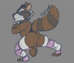  anthro backsack balls brown_body brown_fur butt clothing crossed_arms erection fatzoimp fur genitals guardians_of_the_galaxy legwear looking_back male mammal marvel penis procyonid raccoon rocket_raccoon simple_background solo thigh_highs 