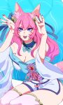  1girl :d ahri_(league_of_legends) animal_ear_fluff animal_ears bangs bare_shoulders bell blue_bow blue_eyes bow breasts cat_ears cleavage facial_mark fang fox_ears fox_tail green_background hair_bell hair_bow hair_ornament hands_up highres hiyari_(hiyarilol) large_breasts league_of_legends long_hair nail_polish pink_hair pink_nails ribbon sitting smile solo spirit_blossom_ahri tail tongue vastaya whisker_markings 