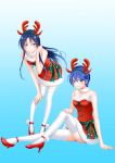  2girls antlers asahina_suzuka bangs bare_arms blue_background blue_eyes blue_hair breasts choker closed_mouth collarbone dress fake_antlers floating_hair full_body fur-trimmed_dress fur_trim gradient gradient_background green_hairband grin hair_between_eyes hairband hand_on_own_knee high_heels highres leaning_forward long_hair looking_at_viewer multiple_girls official_art pumps red_dress red_footwear reindeer_antlers sakurai_honoka seo_kouji shiny shiny_hair short_dress short_hair sitting small_breasts smile standing straight_hair strapless strapless_dress suzuka thighhighs very_long_hair white_choker white_legwear zettai_ryouiki 