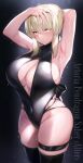 1girl alternate_breast_size alternate_costume arms_behind_head arms_up artoria_pendragon_(fate) black_background black_swimsuit breasts cleavage cropped_legs english_text fate/grand_order fate_(series) highres hirasawa_seiji large_breasts platinum_blonde_hair saber_alter spotlight sweat sweatdrop swimsuit thighhighs yellow_eyes 