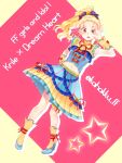  1girl alternate_costume blonde_hair brown_eyes cosplay dress final_fantasy final_fantasy_v full_body high_heels krile_mayer_baldesion long_hair looking_at_viewer navel ok_sign open_mouth ponytail pretty_(series) pripara skirt 