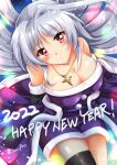  1girl 2022 bangs bare_shoulders black_legwear breasts christmas cleavage closed_mouth commentary_request detached_sleeves dress english_text eyebrows_visible_through_hair fur-trimmed_dress fur-trimmed_sleeves fur_trim happy_new_year head_tilt highres large_breasts long_hair looking_at_viewer lyrical_nanoha new_year partial_commentary purple_dress purple_santa_costume purple_sleeves red_eyes reinforce san-pon santa_costume santa_dress schwertkreuz short_dress silver_hair single_thighhigh solo sparkle strapless strapless_dress thighhighs twitter_username waist_cape 