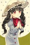  1girl absurdres ajirogasa bangs black_hair blush braid brown_headwear buttons capelet clothes_writing dress eyebrows_visible_through_hair frilled_hat frills grey_dress happy hat highres jizou long_earlobes long_hair maa_(forsythia1729) marker_(medium) own_hands_together palms_together red_button red_capelet red_eyes ribbon single_strap smile snow touhou traditional_media twin_braids yatadera_narumi 
