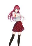  1girl absurdres bangs black_legwear blue_eyes closed_mouth hand_on_hip highres hitman_(seo_kouji) holding long_hair long_sleeves looking_at_viewer miniskirt nib_pen_(object) official_art pen plaid plaid_skirt pleated_skirt red_hair red_skirt ribbed_sweater seo_kouji shiny shiny_hair simple_background skirt smile solo standing straight_hair sweater takanashi_tsubasa_(hitman) thighhighs very_long_hair white_background white_sweater zettai_ryouiki 