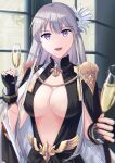  1girl alcohol azur_lane bangs black_gloves breasts center_opening champagne_flute cleavage cup dress drinking_glass enterprise_(azur_lane) enterprise_(heroic_finery)_(azur_lane) evening_gown feather_hair_ornament feathers fingerless_gloves gloves hair_ornament highres holding holding_cup large_breasts long_dress looking_at_viewer open_mouth purple_eyes silver_hair tohko upper_body window 