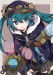  1girl :o bangs black_headwear black_legwear black_shorts bloomminority blue_capelet blue_hair blue_necktie bright_pupils cabbie_hat capelet commentary fur-trimmed_capelet fur_trim garter_straps gear_hair_ornament gears goggles goggles_on_headwear hat hatsune_miku highres holding holding_weapon long_hair looking_to_the_side mismatched_pupils necktie pink_sweater screw shorts sidelocks solo steampunk sweater symbol-shaped_pupils thighhighs twintails vocaloid weapon white_necktie white_pupils 