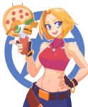  1girl :d belt blonde_hair blue_eyes blue_mary breasts burger crop_top cup fatal_fury fingerless_gloves food french_fries fruit gloves hand_on_hip hcnone highres holding holding_cup lime_(fruit) lime_slice midriff navel short_hair simple_background smile solo standing the_king_of_fighters 