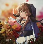  1girl arknights bangs blue_shirt blurry blurry_background blush bouquet cow_horns depth_of_field dokgo_die_docta_(d_o_t) eyebrows_visible_through_hair flower food fruit green_eyes highres holding holding_bouquet horns long_sleeves looking_at_viewer off_shoulder pallas_(arknights) parted_lips pink_flower plant red_flower red_rose rose shirt short_hair_with_long_locks sidelocks solo sunflower upper_body veil 