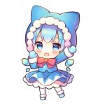  1girl adapted_costume arm_up bangs blue_bow blue_coat blue_eyes blue_footwear blue_gloves blue_hair blue_skirt blush boots bow bowtie chibi cirno coat eyebrows_visible_through_hair full_body gloves hair_bow hands_up hood ice ice_wings long_sleeves looking_at_viewer open_mouth pantyhose pjrmhm_coa red_bow red_bowtie short_hair simple_background skirt smile solo standing touhou white_background white_legwear wings 