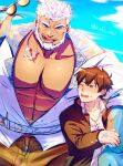  2boys abs aegir_(housamo) anchor_earrings aqua_hair bara beard blue_eyes blush brown_shorts bulge dark-skinned_male dark_skin earrings eyewear_removed face_to_pecs facial_hair fins highres hiota_(kuhi_0301) jewelry large_pectorals looking_at_another male_focus master_4_(housamo) mature_male multicolored_hair multiple_boys muscular muscular_male open_clothes open_fly open_shirt pectoral_cleavage pectorals short_hair shorts size_difference stomach streaked_hair sunglasses tokyo_afterschool_summoners white_hair white_male_swimwear 