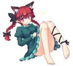  1girl animal_ears bangs bare_legs barefoot black_bow black_ribbon blush bow braid breasts cat_ears cat_tail closed_mouth convenient_leg dress extra_ears eyebrows_visible_through_hair frilled_dress frilled_sleeves frills green_dress hair_bow isaki_(gomi) juliet_sleeves kaenbyou_rin leg_ribbon leg_strap long_hair long_sleeves medium_breasts multiple_tails nekomata no_panties pointy_ears puffy_sleeves red_eyes red_hair ribbon simple_background sitting smile tail touhou twin_braids two_tails white_background 