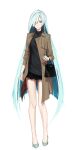  1girl bag bare_legs black_shirt black_skirt brown_coat brynhildr_(fate) closed_mouth coat fate/empire_of_dirt fate_(series) full_body game_cg grey_footwear hair_over_one_eye highres holding holding_bag ikemeru19 long_hair long_sleeves looking_at_viewer miniskirt open_clothes open_coat pumps purple_eyes school_bag shirt silver_hair skirt solo standing straight_hair tachi-e transparent_background very_long_hair 