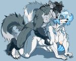  2021 anthro big_breasts biped black_body black_hair black_scales blue_background blue_hair breasts canid canine canis claws digital_media_(artwork) doggystyle duo eyes_closed female fenrir_lunaris from_behind_position fur grey_body grey_fur hair male male/female mammal multicolored_body multicolored_fur muscular muscular_anthro muscular_male nipples pawpads pink_nipples scales sex simple_background toe_claws two_tone_body two_tone_fur white_body white_fur wolf 