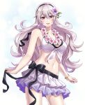  1girl :d alternate_costume bangs bare_arms bikini bikini_skirt bikini_top_only black_bow black_hairband bow bracelet breasts cleavage collarbone contrapposto corrin_(fire_emblem) corrin_(fire_emblem)_(female) eyebrows_visible_through_hair fire_emblem fire_emblem_fates fire_emblem_heroes floating_hair flower front-tie_bikini front-tie_top hair_between_eyes hair_flower hair_ornament hairband highres jewelry layered_skirt long_hair looking_at_viewer medium_breasts miniskirt navel official_alternate_costume pleated_skirt pointy_ears red_eyes shinae silver_hair simple_background skirt smile solo standing swimsuit very_long_hair white_background white_bikini white_flower white_skirt 