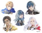  2girls 3boys :d artist_name blonde_hair blue_eyes blue_hair braid brown_hair byleth_(fire_emblem) byleth_(fire_emblem)_(female) claude_von_riegan closed_mouth cropped_torso dimitri_alexandre_blaiddyd edelgard_von_hresvelg fire_emblem fire_emblem:_three_houses floating_hair green_eyes hair_ribbon head_rest head_tilt highres long_hair looking_at_viewer moja_(rainpoow) multiple_boys multiple_girls portrait purple_eyes purple_ribbon ribbon shiny shiny_hair short_hair shoulder_cape silver_hair single_braid sketch smile very_long_hair white_background 