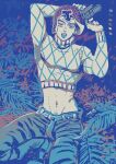  1boy absurdres animal_print argyle argyle_sweater crop_top guido_mista gun hat highres jojo_no_kimyou_na_bouken kneeling limited_palette male_focus midriff mogy88428 solo sweater tiger_print tongue tongue_out vento_aureo weapon 