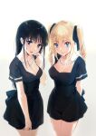  2girls angelina_kudou_shields bangs black_dress black_hair black_ribbon blonde_hair blue_eyes breasts cleavage collarbone cover cover_page dress drill_hair eyebrows_visible_through_hair hair_between_eyes hair_ribbon highres ishida_kana jewelry large_breasts light_blush long_hair looking_at_viewer mahouka_koukou_no_rettousei medium_breasts multiple_girls necklace official_art ribbon shiba_miyuki short_dress sidelocks simple_background smile twin_drills 