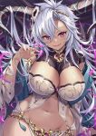  1girl bangs breasts commentary_request dark-skinned_female dark_skin fangs fediel_(granblue_fantasy) granblue_fantasy groin hair_between_eyes hand_up highres horns large_breasts long_hair looking_at_viewer navel parted_lips purple_eyes silver_hair smile solo stomach wide_sleeves xephyrks 