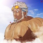  1boy aegir_(housamo) alternate_facial_hair anchor_earrings aqua_hair bara beard blue_eyes dark-skinned_male dark_skin earrings facial_hair from_side giant giant_male jewelry large_pectorals leomon32 male_focus mature_male multicolored_hair muscular muscular_male nipples nude pectoral_focus pectorals ship short_hair single_earring solo streaked_hair sunglasses sweatdrop thick_eyebrows tokyo_afterschool_summoners upper_body watercraft white_hair 