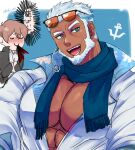  2boys :d aegir_(housamo) anchor_earrings aqua_hair bara beard blood blood_from_mouth blue_eyes blue_scarf chibi chibi_inset dark-skinned_male dark_skin earrings facial_hair highres hiota_(kuhi_0301) jewelry large_pectorals male_focus master_4_(housamo) mature_male multicolored_hair multiple_boys muscular muscular_male partially_unbuttoned pectoral_cleavage pectorals scarf shirt short_hair smile streaked_hair sunglasses tight tight_shirt tokyo_afterschool_summoners upper_body white_hair 