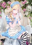 1girl alice_(alice_in_wonderland) apron blonde_hair blue_dress blue_eyes blue_headband dress flower frilled_apron frilled_dress frills gloves headband highres kobayashi_chisato lace lace_gloves looking_at_viewer open_mouth original pink_footwear solo striped striped_legwear thighhighs white_gloves 