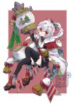  1girl bloomminority christmas christmas_tree fantasy highres original pale_skin ponytail red_eyes reindeer short_shorts shorts snow snow_globe solo steampunk thighhighs white_hair 