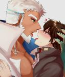  2boys aegir_(housamo) after_kiss anchor_earrings aqua_hair bara beard between_pectorals blue_eyes blush brown_hair couple dark-skinned_male dark_skin earrings eye_contact facial_hair from_side gakuran hand_on_another&#039;s_head highres hiota_(kuhi_0301) jewelry large_pectorals looking_at_another male_focus master_4_(housamo) mature_male multicolored_hair multiple_boys muscular muscular_male nose_blush pectorals saliva school_uniform short_hair source_request streaked_hair thick_eyebrows tokyo_afterschool_summoners tongue tongue_out upper_body white_hair yaoi 