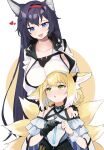  2girls :o ;d animal_ear_fluff animal_ears arknights bangs bare_shoulders black_gloves black_hair blaze_(arknights) blue_eyes blue_hairband braid breasts cat_ears collarbone dress eye_contact eyebrows_visible_through_hair fox_ears fox_girl fox_tail gloves green_eyes hairband hands_on_another&#039;s_shoulders heart height_difference highres jacket large_breasts long_hair looking_at_another looking_down looking_up multiple_girls multiple_tails one_eye_closed open_clothes open_jacket open_mouth oripathy_lesion_(arknights) poyason red_hairband shirt single_glove smile suzuran_(arknights) tail two-tone_background upper_body very_long_hair white_dress white_jacket white_shirt wristband 