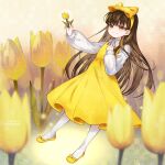  1girl arm_up blackcat_(blackcatbox) bow brown_eyes brown_hair devotion dress du_meishin flower hair_bow hand_on_own_chest highres lapel_flower long_hair pantyhose pinafore_dress ribbon shirt shoes solo white_legwear white_shirt yellow_dress yellow_footwear 