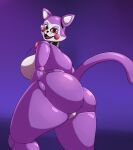  2019 animatronic anthro big_breasts big_butt bow_tie breasts butt cindy_(fnac) curvy_figure digital_media_(artwork) domestic_cat eyelashes eyeshadow felid feline felis female five_nights_at_candy&#039;s glistening glistening_body gradient_background hb-viper hi_res huge_breasts huge_butt long_tail looking_at_viewer looking_back machine makeup mammal multicolored_body multicolored_skin nude open_mouth purple_background purple_body purple_skin rear_view red_eyes robot sharp_teeth signature simple_background smile solo teeth thick_thighs tongue two_tone_body two_tone_skin voluptuous white_body white_skin wide_hips 