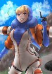  1girl apex_legends bangs blonde_hair blue_bodysuit blue_eyes blue_gloves blue_headwear blush bodysuit breasts cloud gloves highres hood hooded_jacket jacket looking_to_the_side medium_breasts orange_jacket parted_lips pointing pointing_up ribbed_bodysuit sky smile solo sorata_(fuyuki_15_50) thigh_strap wattson_(apex_legends) white_bodysuit 