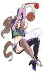  animal_ears bangs basketball basketball_hoop black_legwear black_shorts blush brown_hair commission crop_top cropped_jacket dunk fishnet_legwear fishnets high_heels highres horse_ears horse_girl horse_tail kuroe_(crocrocroe) parted_lips purple_eyes shorts skeb_commission tail thigh_strap thighhighs tosen_jordan_(umamusume) twintails umamusume white_background 