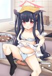  1girl absurdres apron bangs bare_arms bare_shoulders belly black_hair black_legwear blue_archive blue_bra blue_panties bow bow_bra bow_panties bra breasts collarbone commentary_request counter eyebrows_visible_through_hair food frilled_apron frills fuuka_(blue_archive) halo head_scarf highres horns indoors kitchen knee_up long_hair looking_at_viewer nearly_naked_apron no_shoes on_counter panties parted_lips pot red_eyes sakuraba_hikaru_(loveindog) small_breasts socks solo stew twintails underwear very_long_hair wavy_mouth white_apron window 