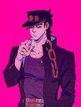  1boy black_hair chain drinking_straw gakuran green_eyes hat highres jojo_no_kimyou_na_bouken kujo_jotaro long_coat male_focus mogy88428 school_uniform solo triangle_print yakult 