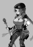  1girl absurdres ammunition_belt apex_legends arms_dealer_loba beret braid breasts cleavage collarbone fingerless_gloves floating_hair gloves greyscale hair_behind_ear hand_on_hip hat highres holding holding_staff jewelry large_breasts loba_(apex_legends) long_hair looking_to_the_side monochrome necklace official_alternate_costume pants solo staff twin_braids very_long_hair xiaoye_ju_er 