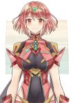  1girl bangs breasts chest_jewel commentary_request covered_navel cowboy_shot earrings eyebrows_visible_through_hair headpiece highres jewelry looking_at_viewer okurasato pyra_(xenoblade) red_eyes red_hair short_hair smile solo swept_bangs tiara xenoblade_chronicles_(series) xenoblade_chronicles_2 