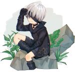  1boy black_blindfold black_legwear blindfold blue_eyes child closed_mouth commentary_request gloves looking_at_viewer nier_(series) nier_automata short_hair shorts sitting toron_0812 white_hair yorha_no._9_type_s 