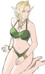  1girl absurdres bare_shoulders barefoot bikini blonde_hair bracelet breasts collarbone commentary dinelind_(drill_(emilio)) drill_(emilio) elf green_bikini green_eyes hand_on_own_thigh highres jewelry long_hair looking_away looking_to_the_side medium_breasts navel necklace original parted_lips pointy_ears sitting sketch solo swimsuit white_background yokozuwari 