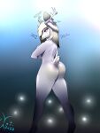  anthro cervid exhibitionism female fur hi_res horn mammal prince_vaxis_(artist) public red_eyes shy solo tail_motion tailwag vanille white_body white_fur white_horn 