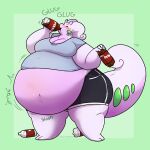  anthro belly beverage big_belly big_breasts blush bottle breasts chub-united cleavage clothed clothing dragon drinking drinking_soda eyes_closed female goodra hi_res nintendo non-mammal_breasts obese obese_anthro obese_female onomatopoeia overweight overweight_anthro overweight_female plum_(cozydragonss) pok&eacute;mon pok&eacute;mon_(species) purple_body rumbling_stomach simple_background soda soda_bottle solo sound_effects standing text video_games 