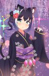  1girl animal_ear_fluff animal_ears black_hair blush bow cat_ears cat_girl cat_tail cowboy_shot eyebrows_visible_through_hair floral_print flower green_eyes hair_bun hair_flower hair_ornament hand_up highres japanese_clothes karyl_(princess_connect!) kawaiipony2 kimono medium_hair multicolored_hair princess_connect! sleeves_past_wrists solo standing tail tail_bow tail_ornament tail_raised white_hair 