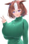  1girl absurdres ahoge animal_ears blush breasts brown_hair eyebrows_visible_through_hair gigantic_breasts green_sweater hair_between_eyes hairband highres horse_ears horse_girl jewelry kntrs_(knyrs) meisho_doto_(umamusume) multicolored_hair necklace open_mouth pink_hairband purple_eyes ribbed_sweater short_hair simple_background smile solo sweater teeth two-tone_hair umamusume upper_teeth v white_background white_hair 