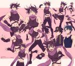  battle_tendency boots brown_hair chain crop_top dancing elbow_gloves fingerless_gloves gloves green_eyes jojo_no_kimyou_na_bouken jonathan_joestar joseph_joestar joseph_joestar_(young) jumping knee_boots kujo_jotaro male_focus midriff mikumikudance multicolored_clothes multicolored_scarf pectorals phantom_blood pointing purple_scarf scarf shirt son_(skvnmn0) spiked_hair stardust_crusaders tight tight_shirt 