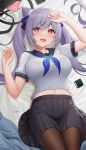  1girl :d bangs blush breasts brown_legwear fukuro_ko_(greentea) genshin_impact hair_cones highres keqing_(genshin_impact) large_breasts long_hair looking_at_viewer lying midriff navel on_back open_mouth pantyhose purple_eyes purple_hair school_uniform smile solo swept_bangs twintails 