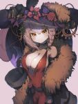  :3 absurdres bare_shoulders belt_collar black_gloves blurry braid breasts cleavage closed_mouth collar commentary_request cowboy_shot detached_sleeves dress elbow_gloves eyebrows_visible_through_hair fur_trim gloves hair_between_eyes hand_up highres hololive large_breasts large_hat long_sleeves looking_at_viewer nekomata_okayu no_bra off_shoulder park_ogre pink_background pink_eyes purple_hair red_dress signature veil virtual_youtuber wide_sleeves 