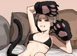 1girl animal_hands bikini black_bikini breasts breasts_apart brown_hair brown_pillow cat_paws cat_tail gloves gogalking looking_at_viewer medium_breasts original parted_lips paw_gloves red_eyes shadow solo swimsuit tail underboob upper_body 