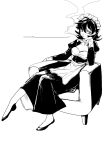  1girl chair cigarette dress fufu_(fufuichi04) gloves greyscale hair_between_eyes head_rest highres maid maid_headdress monochrome mouth_hold original puffy_sleeves short_hair simple_background sitting slit_pupils smoke smoking solo white_background 