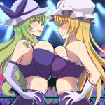  2girls bangs blonde_hair blurry blurry_background blush breast_press breasts ceiling_light clenched_teeth cowboy_shot crop_top crowd edorado elbow_gloves eyebrows_visible_through_hair gloves hand_on_hip hat hat_ribbon huge_breasts large_breasts long_hair looking_at_another mob_cap multiple_girls outline pink_lips profile purple_eyes purple_ribbon purple_shirt purple_skirt red_ribbon ribbon shiny shiny_hair shirt sidelocks skirt smug stage_lights stomach strapless sun_hat symmetrical_docking talking tearing_up teeth touhou tube_top very_long_hair watatsuki_no_toyohime white_gloves yakumo_yukari yellow_eyes 