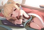  1girl ahoge andira_(granblue_fantasy) animal_ears bangs blonde_hair breasts closed_mouth erune eyebrows_visible_through_hair granblue_fantasy highres kimblee kotatsu looking_at_viewer lying monkey_ears on_side short_hair small_breasts smile solo table thigh_gap thighs 